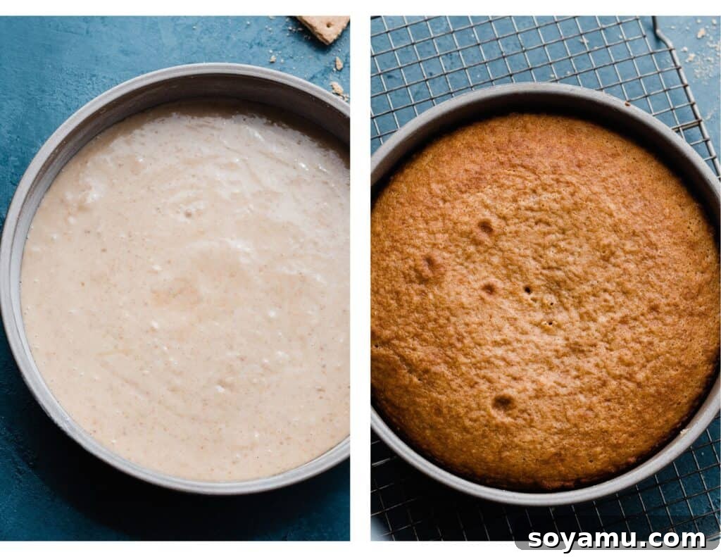 Cake batter in a cake pan next to a baked cake layer in the pan.