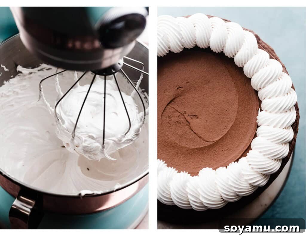 A photo of the meringue in a stand mixer, and a photo of the meringue piped on top of the cake.