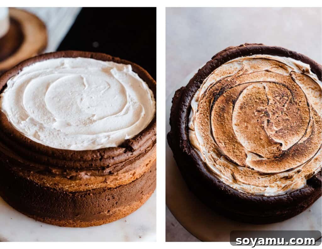 Toasted marshmallow inside of a chocolate frosting border during cake assembly.
