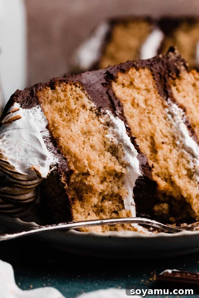 A close-up on a slice of cake with a bite missing.