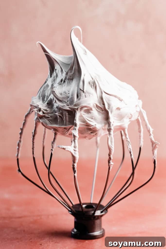 Crafting Silky Smooth Swiss Meringue 2 A whisk attachment from a stand mixer, held upright, showcasing perfectly stiff peaks of Swiss meringue.