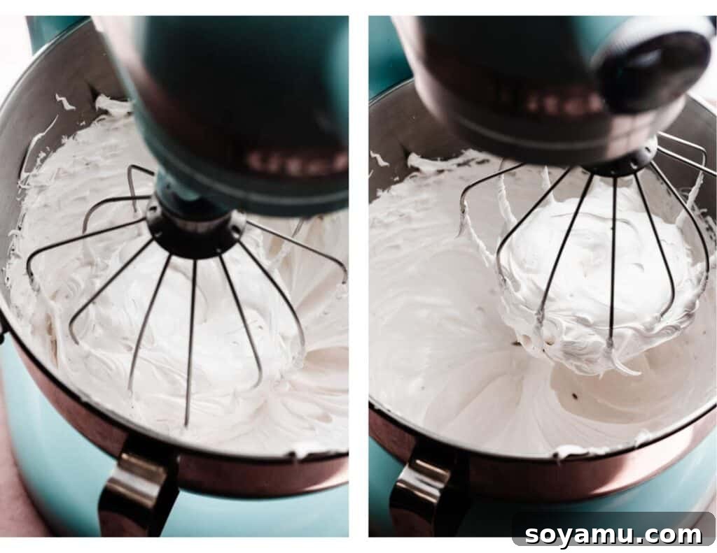 Crafting Silky Smooth Swiss Meringue 8 Two images demonstrating the progression of Swiss meringue: from thickening in the mixer bowl to achieving perfect, glossy stiff peaks.