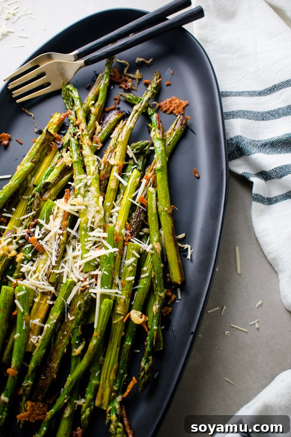 Golden Roasted Parmesan Asparagus 6 A vibrant close-up of Parmesan Roasted Asparagus, seasoned and perfectly cooked