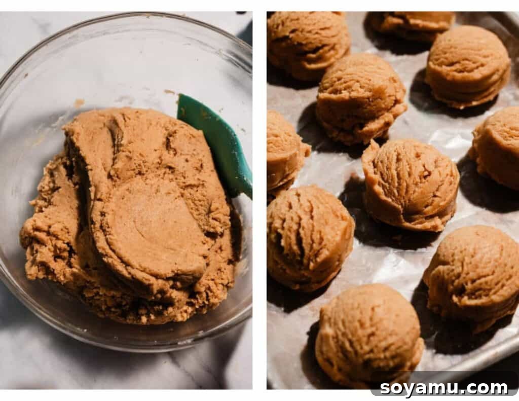 A bowl of the rich cookie dough and a tray of perfectly scooped cookie dough balls, ready for chilling.