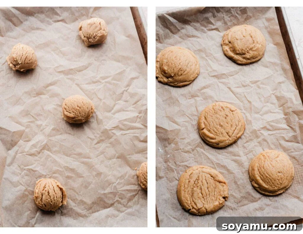 A baking pan showcasing both unbaked cookie dough balls and freshly baked, golden-brown cookies.
