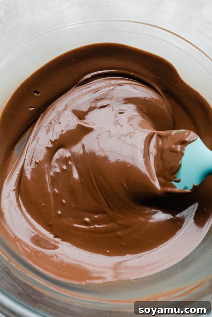 Easy Five-Ingredient Homemade Chocolate Bark 4 A bowl of beautifully melted, glossy chocolate, ready for spreading.