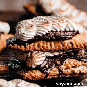 A stack of s'mores pop tarts. They're frosted with chocolate fudge icing and toasted marshmallow cream.