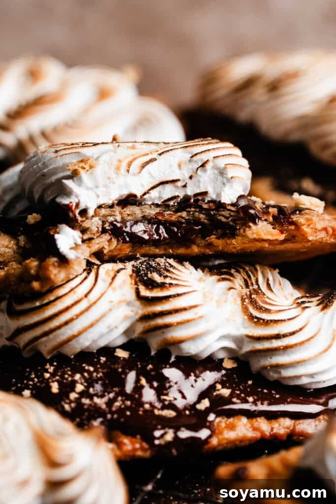 A close-up of a s'mores pop tart with a bite missing, revealing the luscious, fudgy chocolate filling inside.