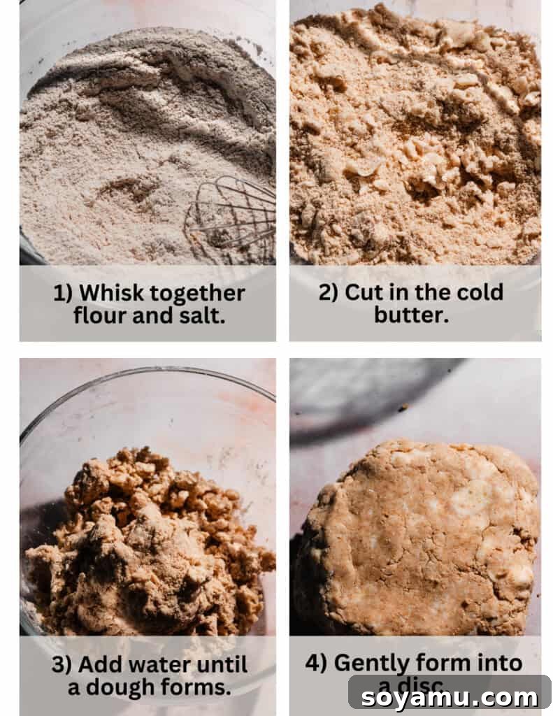 Four images showing the pie dough being made from mixing ingredients to forming discs.