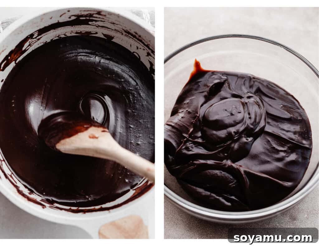 Two images illustrating the making of the chocolate fudge filling, from heating ingredients to a thickened consistency.