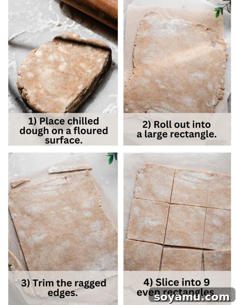 Four images demonstrating the process of rolling out pie dough and cutting it into individual pop tart rectangles.