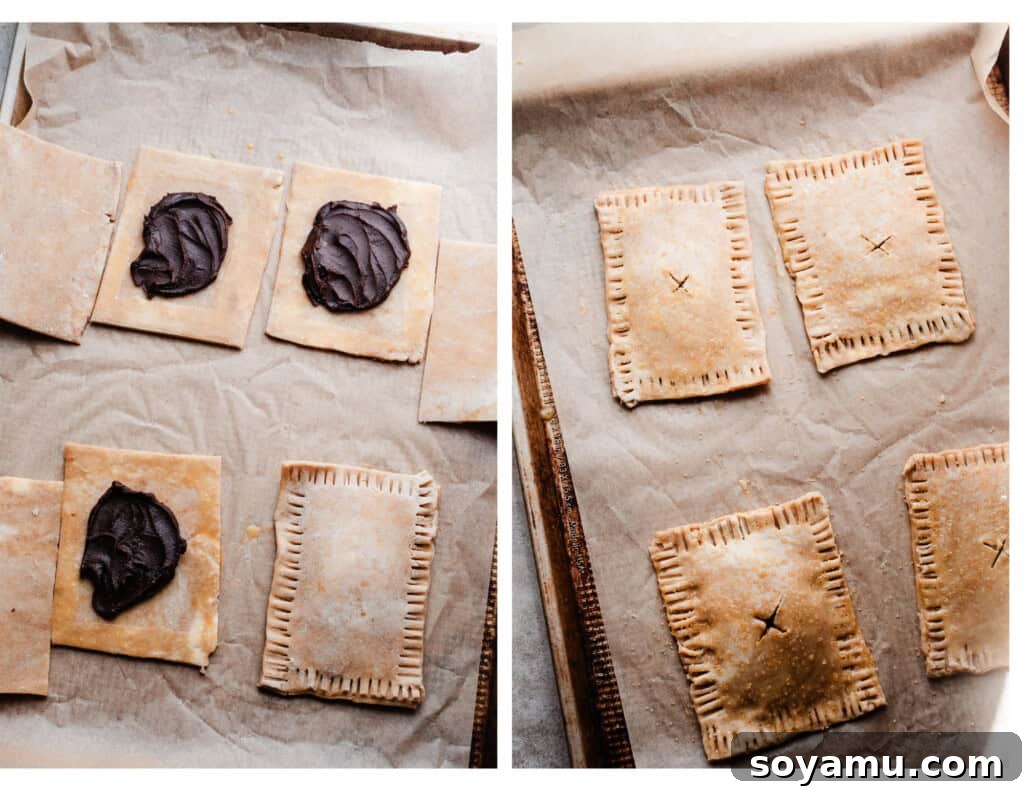 Two images illustrating the assembly process of S'mores Pop Tarts, from filling to sealing and crimping.
