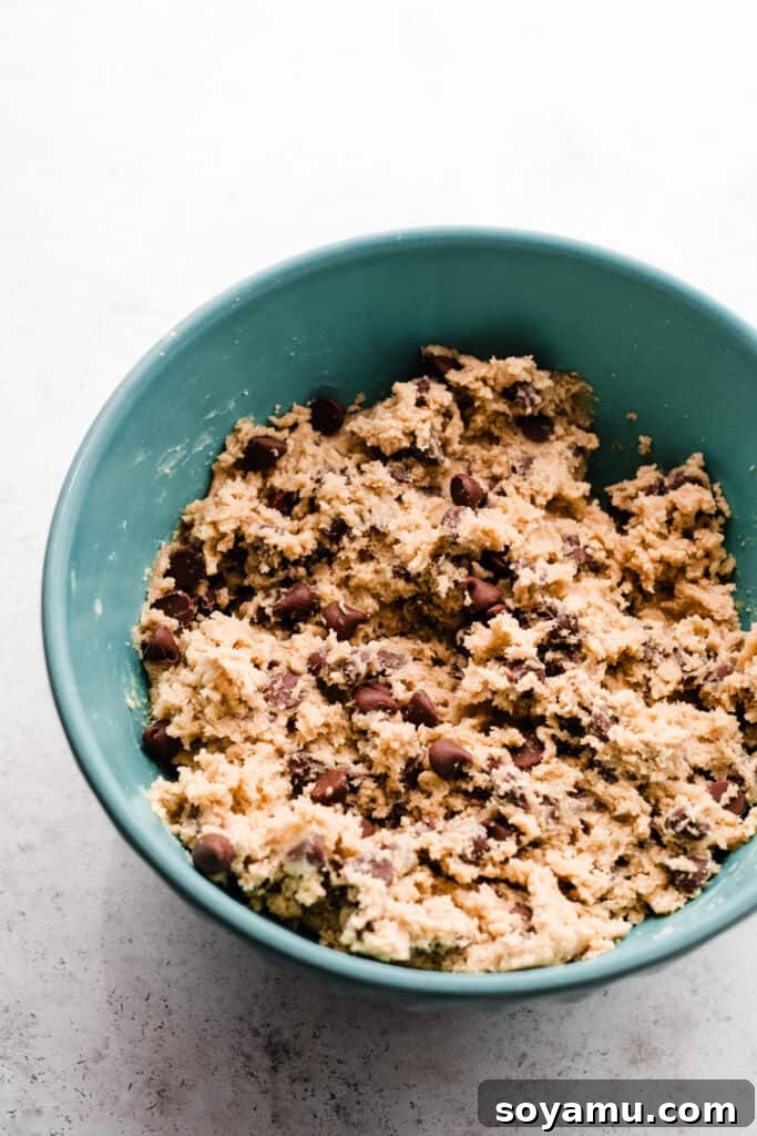 Nutty Brown Butter Brookies 4 A bowl filled with freshly made chocolate chip cookie dough, ready for layering.