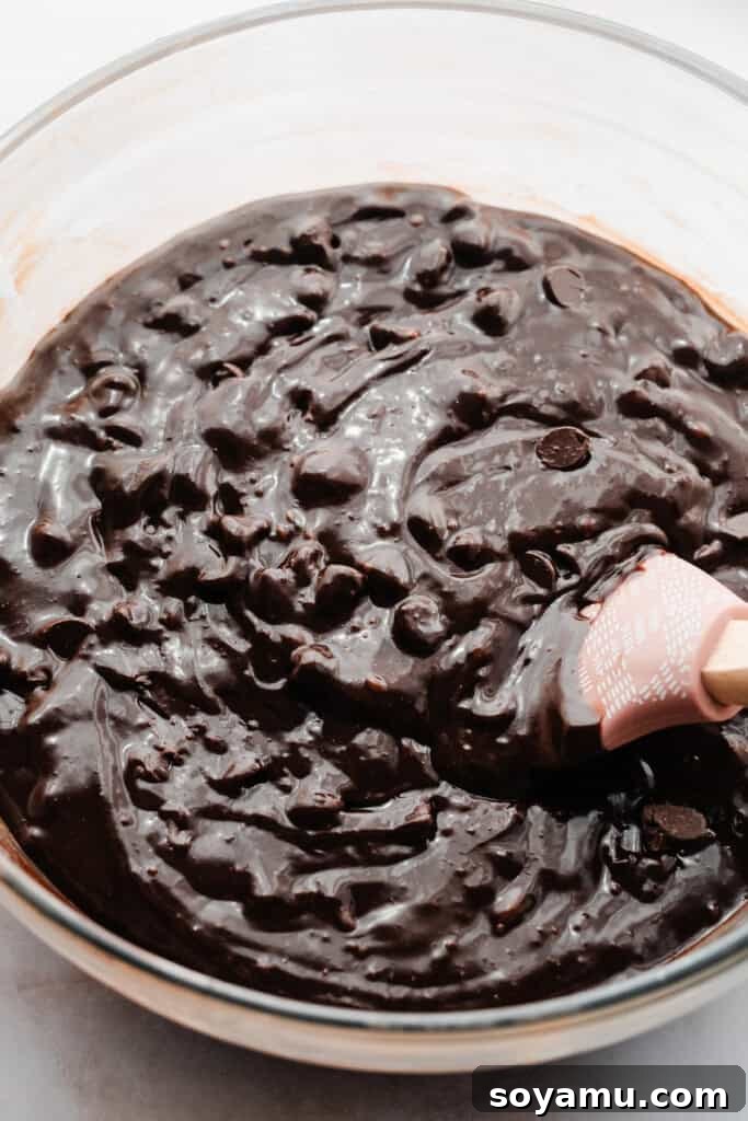 Nutty Brown Butter Brookies 5 A bowl brimming with rich, dark chocolate chip brownie batter, showcasing its smooth texture.