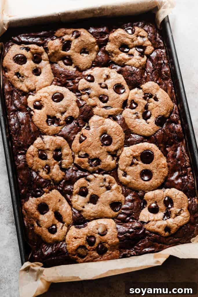 Nutty Brown Butter Brookies 7 A freshly baked pan of golden-brown brookies, hot out of the oven, with the cookie tops slightly puffed.