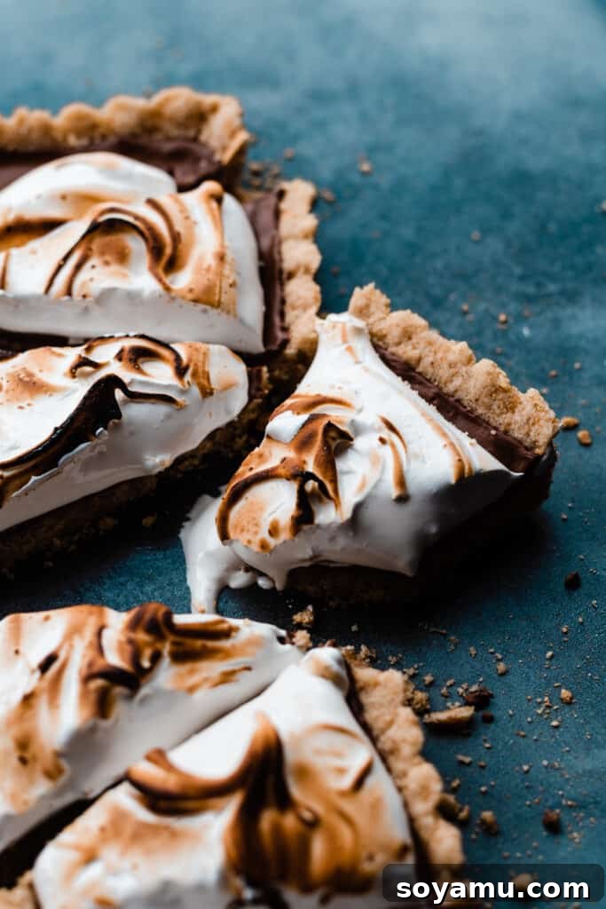 Gourmet S'mores Tart with Torched Meringue 10 Multiple slices of the S'mores Tart, artfully arranged on a blue surface, inviting you to take a bite.