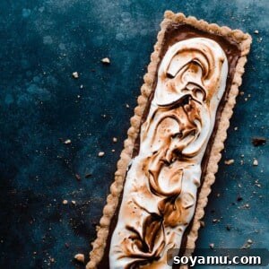 A delicious S'mores Tart with toasted marshmallow meringue topping.