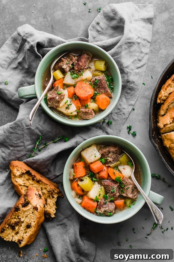 Two bowls of Irish stew garnished with fresh parsley.
