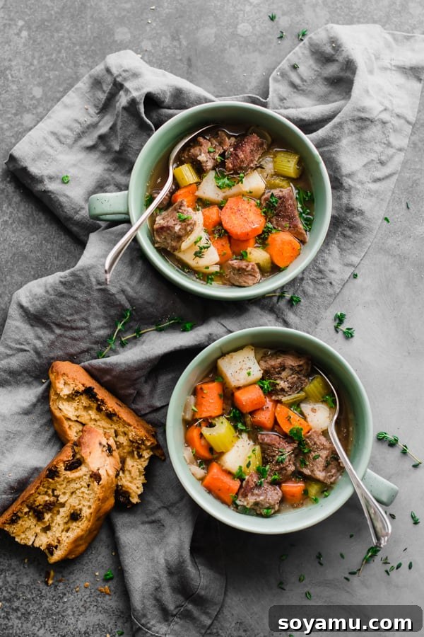 A bowl of Irish stew with a spoon, showing its rich texture.
