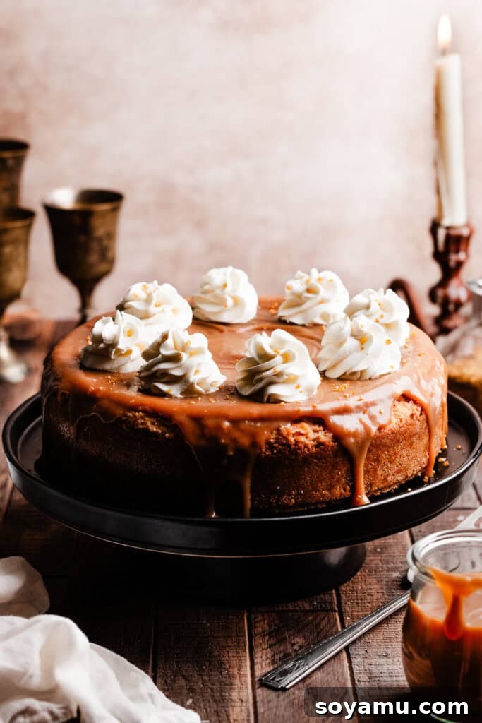 Whimsical Butterbrew Cheesecake 7 The fully decorated Butterbeer Cheesecake, topped with generous swirls of whipped cream and drizzled with butterscotch sauce, presented on an elegant cake stand.