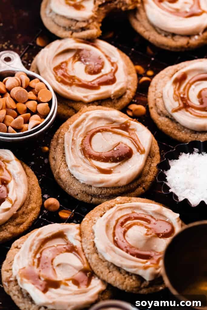 Whip Up 10-Minute Golden Butterscotch 3 Butterbeer cookies topped with butterscotch frosting and swirls of butterscotch sauce.