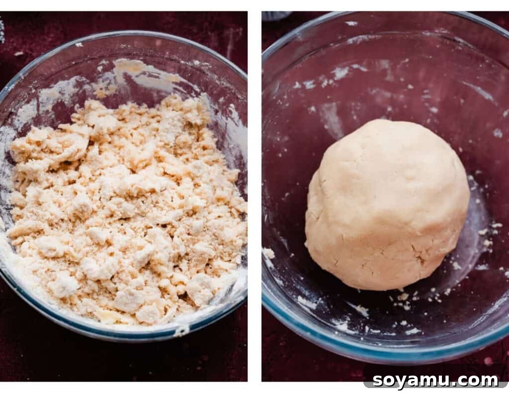 Sweet Almond Moons 4 A large mixing bowl filled with crumbly cookie dough, ready to be formed into a ball for Almond Crescents.