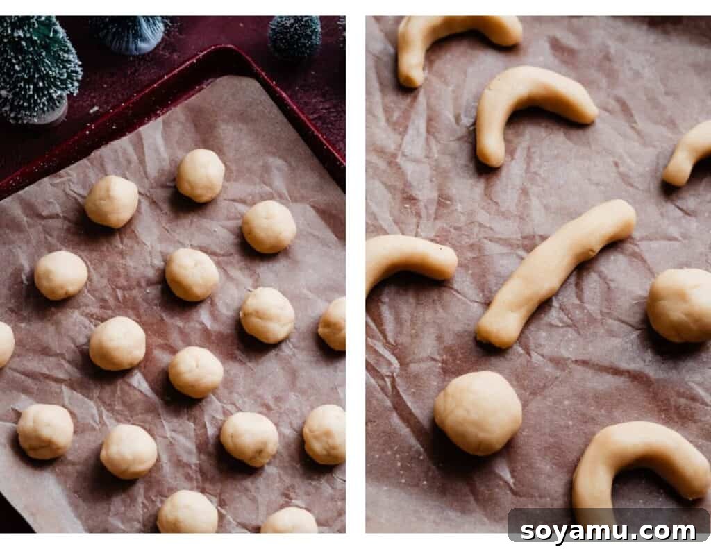 Sweet Almond Moons 5 A series of photos showing the process of shaping cookie dough into traditional crescent forms.