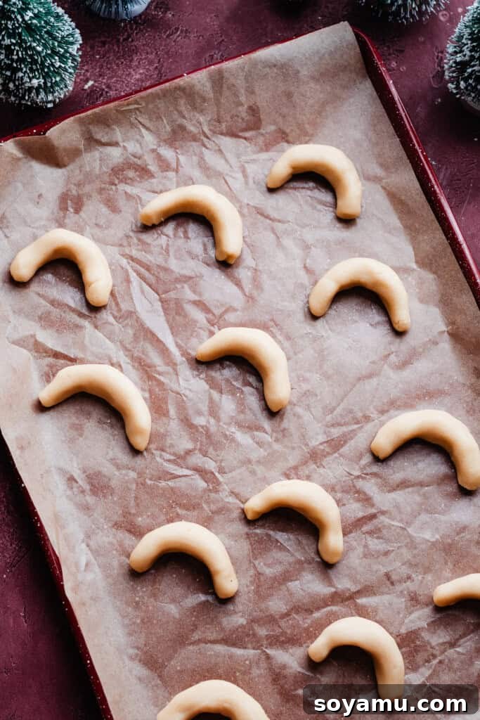 Sweet Almond Moons 6 Raw Almond Crescent cookies arranged on a parchment-lined baking sheet, ready for the oven.