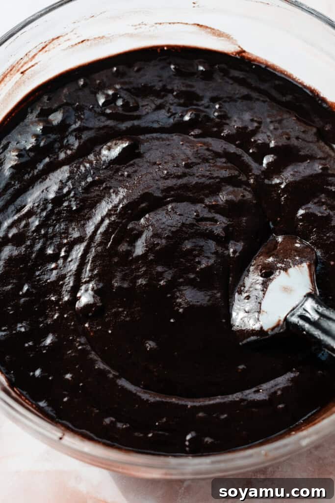Ultimate Eggless Chocolate Fudge Cake 5 A large bowl containing the smooth and rich chocolate cake batter, ready for baking.