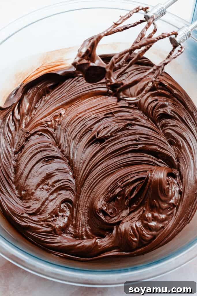 Ultimate Eggless Chocolate Fudge Cake 7 A bowl filled with the luscious chocolate fudge frosting, rich and ready to adorn the cake.