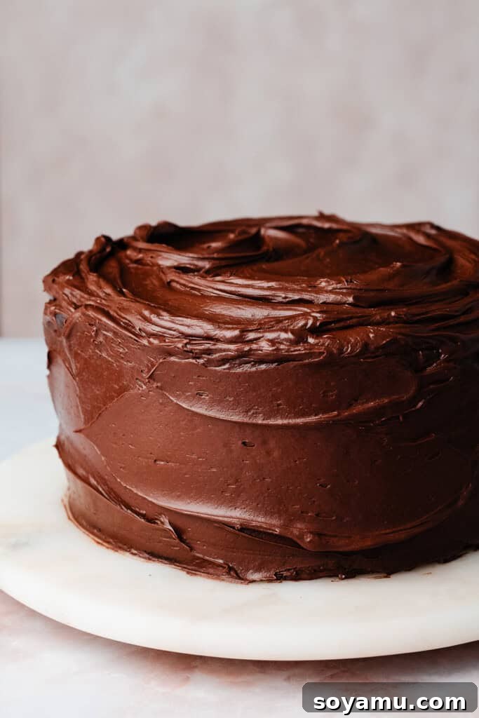 Ultimate Eggless Chocolate Fudge Cake 8 The fully frosted eggless chocolate cake, showcasing its elegant layers and smooth finish.