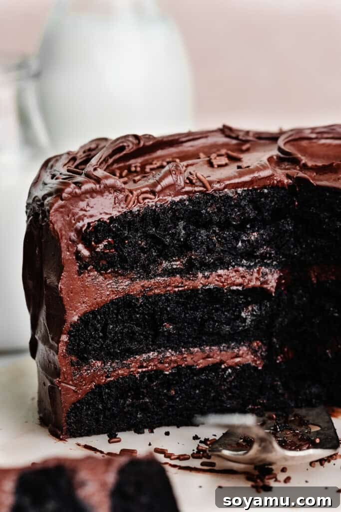 Ultimate Eggless Chocolate Fudge Cake 9 A close-up shot of the inside of a sliced chocolate cake, revealing its moist and tender crumb texture.
