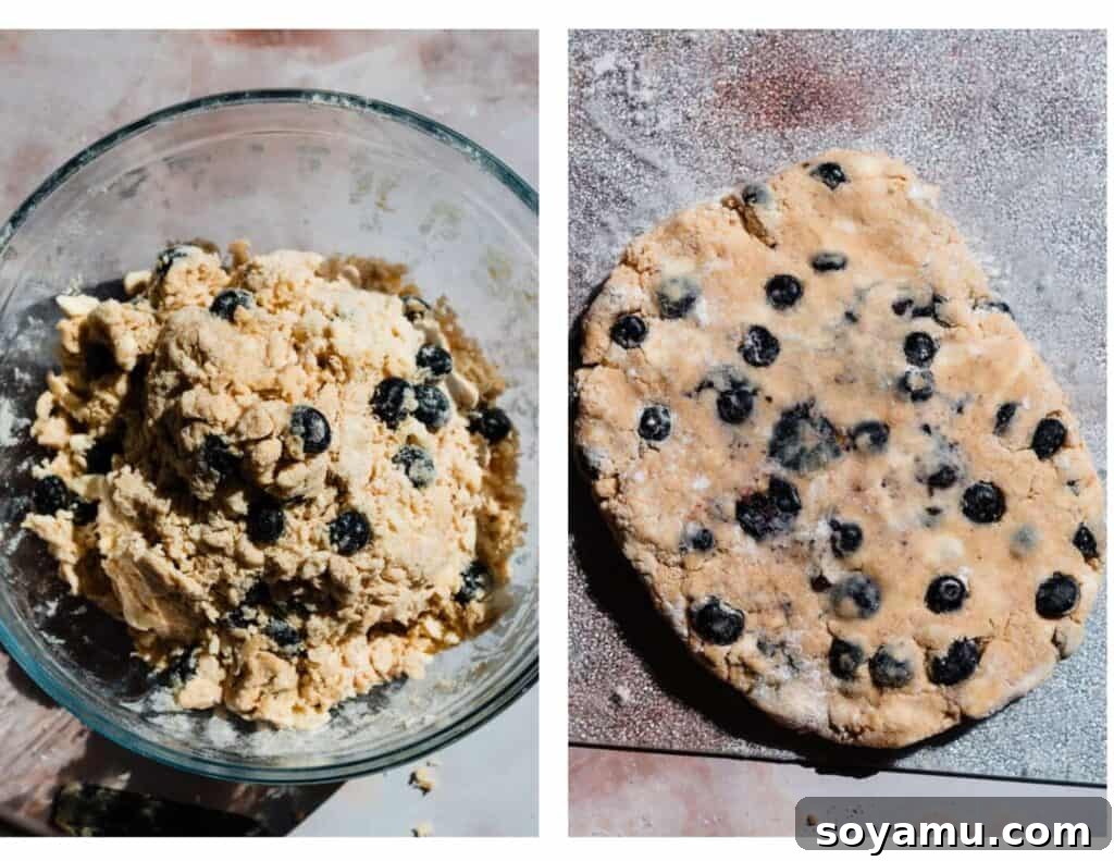 Double Blueberry Scones 6 Two sequential images: one displays a bowl of scone dough with fresh blueberries newly added, and the other shows the dough gently patted out into a rectangle on a floured surface, ready for the folding technique to create flaky layers.