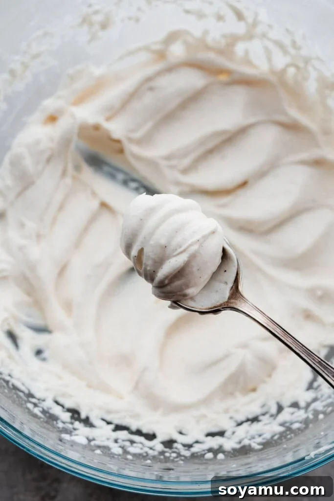 Whip Up Perfect Homemade Cream 11 A spoon holding a perfectly formed, textured dollop of whipped cream.