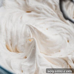 Homemade Whipped Cream with a perfect stiff peak, ready for any dessert.