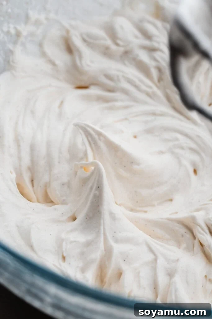Whip Up Perfect Homemade Cream 7 Whipped cream at the stiff peaks stage, perfect for piping and stable toppings.