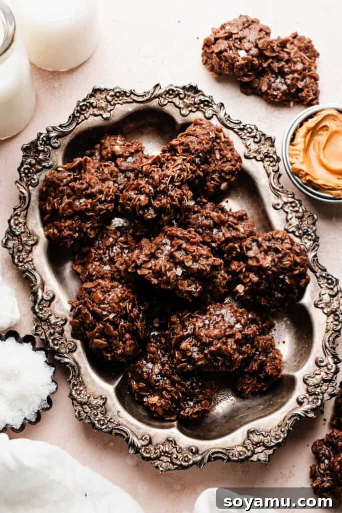 Easy No Bake Peanut Butter Chocolate Treats 2 No bake cookies in a vintage metal tray, showcasing their rustic charm and delicious appeal.