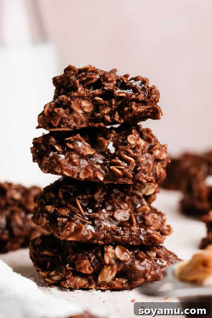 Easy No Bake Peanut Butter Chocolate Treats 3 A stack of no bake cookies, showcasing their rich chocolate and peanut butter layers.