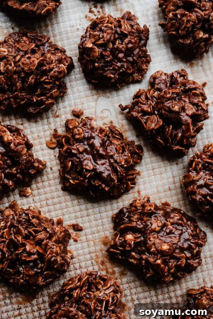 Easy No Bake Peanut Butter Chocolate Treats 6 Cookies portioned onto a baking sheet, waiting to set.