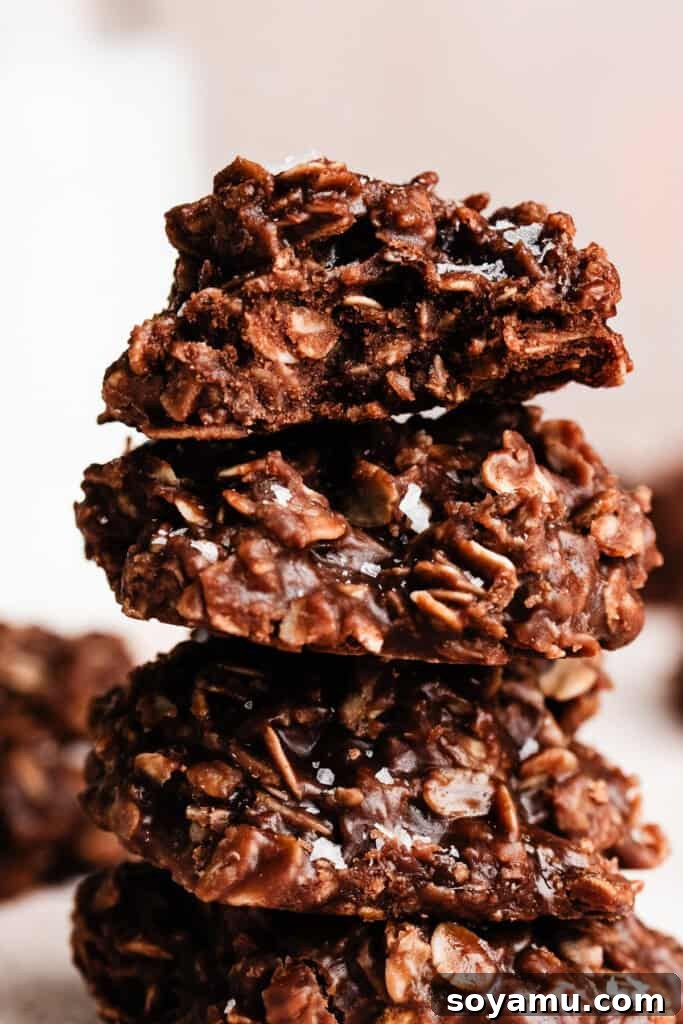 Easy No Bake Peanut Butter Chocolate Treats 8 A close-up on a stack of no bake cookies, highlighting the delicious texture and inviting presentation.