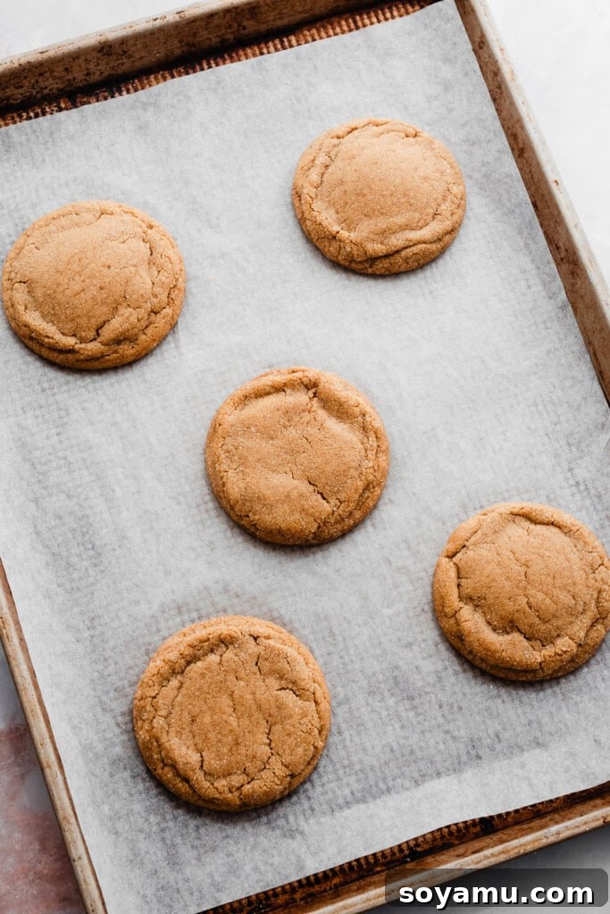 Nutty Brown Butter Thick Chewy Sugar Cookies 9 A cookie sheet of freshly baked cookies, golden brown and perfectly round.