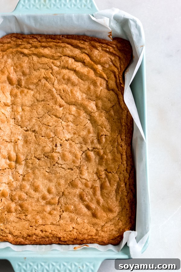 Perfectly Baked Blondies: Golden, Moist, and Ready for Cooling Freshly baked golden-brown blondies cooling in a parchment-lined pan, awaiting their festive Easter frosting.