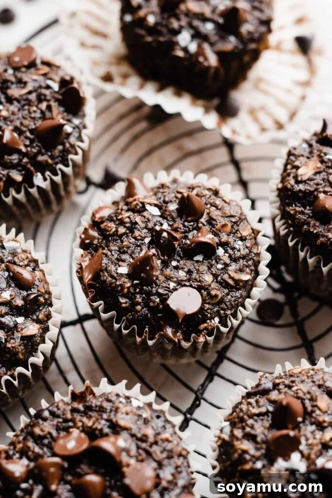 Wholesome Banana Chocolate Oat Muffins 2 Golden brown banana chocolate oat muffins, sprinkled with flaky sea salt, cooling on a wire rack with a rustic wooden background.