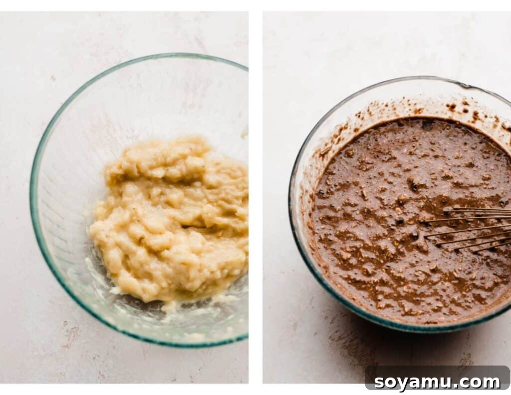Wholesome Banana Chocolate Oat Muffins 5 A two-panel image showing (left) a bowl of perfectly mashed ripe bananas and (right) the prepared wet muffin batter with chocolate chips mixed in.