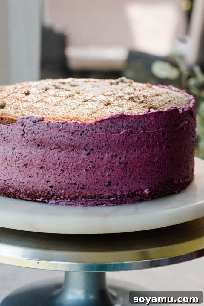 Blueberry Bliss Cake 16 The partially assembled blueberry cake on a cake turntable, showcasing multiple layers and the start of the frosting process.