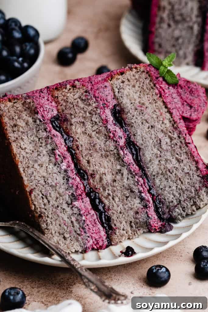 Blueberry Bliss Cake 19 A stunning slice of blueberry cake on a white plate, revealing all the perfectly stacked layers of cake, filling, and frosting.