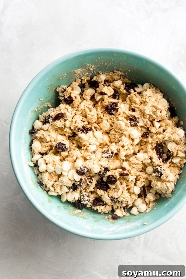 Luscious White Chocolate Cherry Oatmeal Cookies 4 A bowl filled with raw white chocolate cherry oatmeal cookie dough, ready for baking.