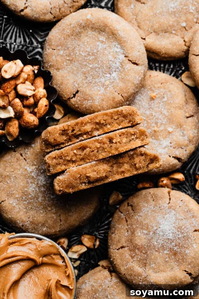 Chill-Free Peanut Butter Cookies 2 A stack of peanut butter cookie halves, showing the wonderfully chewy insides and golden-brown edges.