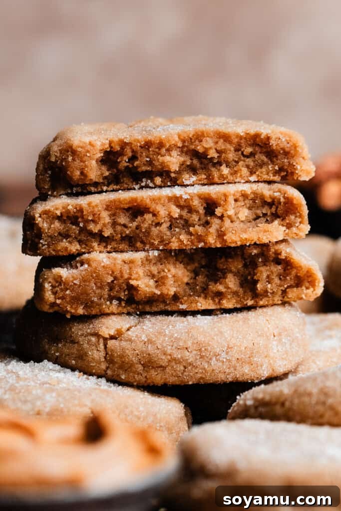 Chill-Free Peanut Butter Cookies 9 A close-up view of a stack of peanut butter cookie halves, revealing their fudgy, moist, and incredibly chewy insides.