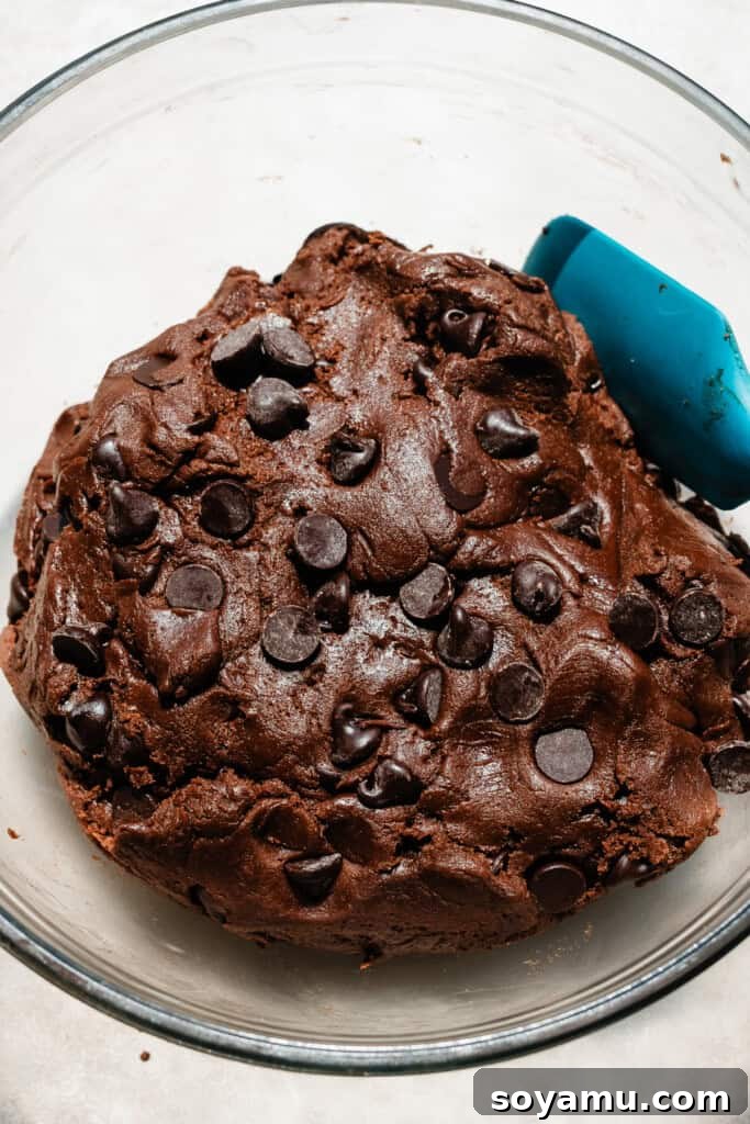 Decadent Double Chocolate Chip Cookies 4 A bowl filled with rich, dark double chocolate chip cookie dough, ready for the next step in the baking process.